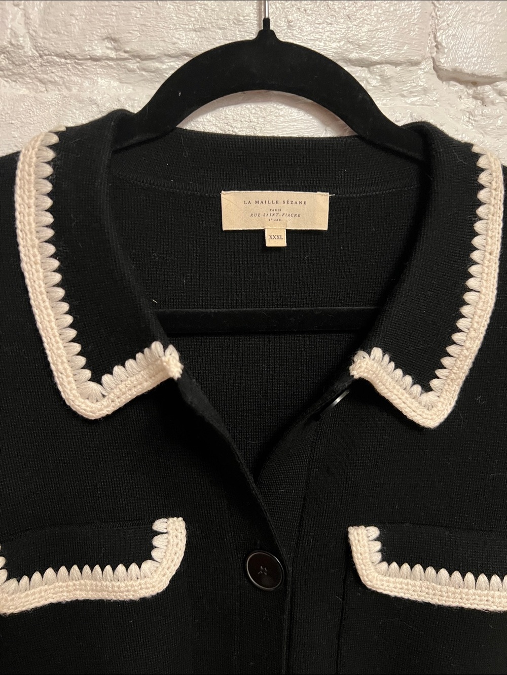 Sezane Black Cropped Cardigan with Cream Trim - Picture 2 of 5